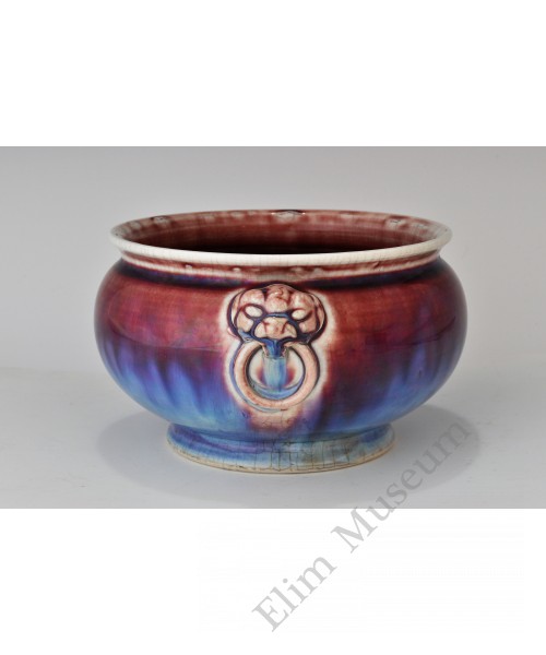 1653 A red glaze flambe lion-handles incenser  